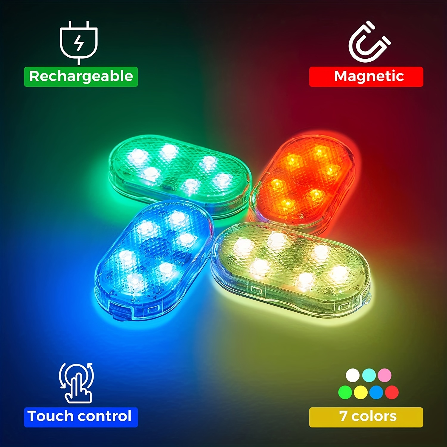 Interior de coche LED, 4 piezas, 7 colores, luces interiores RGB