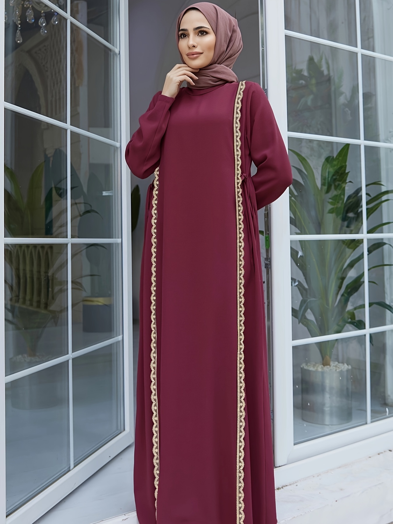 Ramadan Lace Trim Kaftan Dress Casual Long Sleeve Solid - Temu