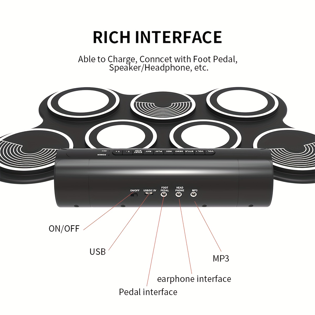 Batterie Electronique Portable,9 Pads,fonction Midi,2 Haut