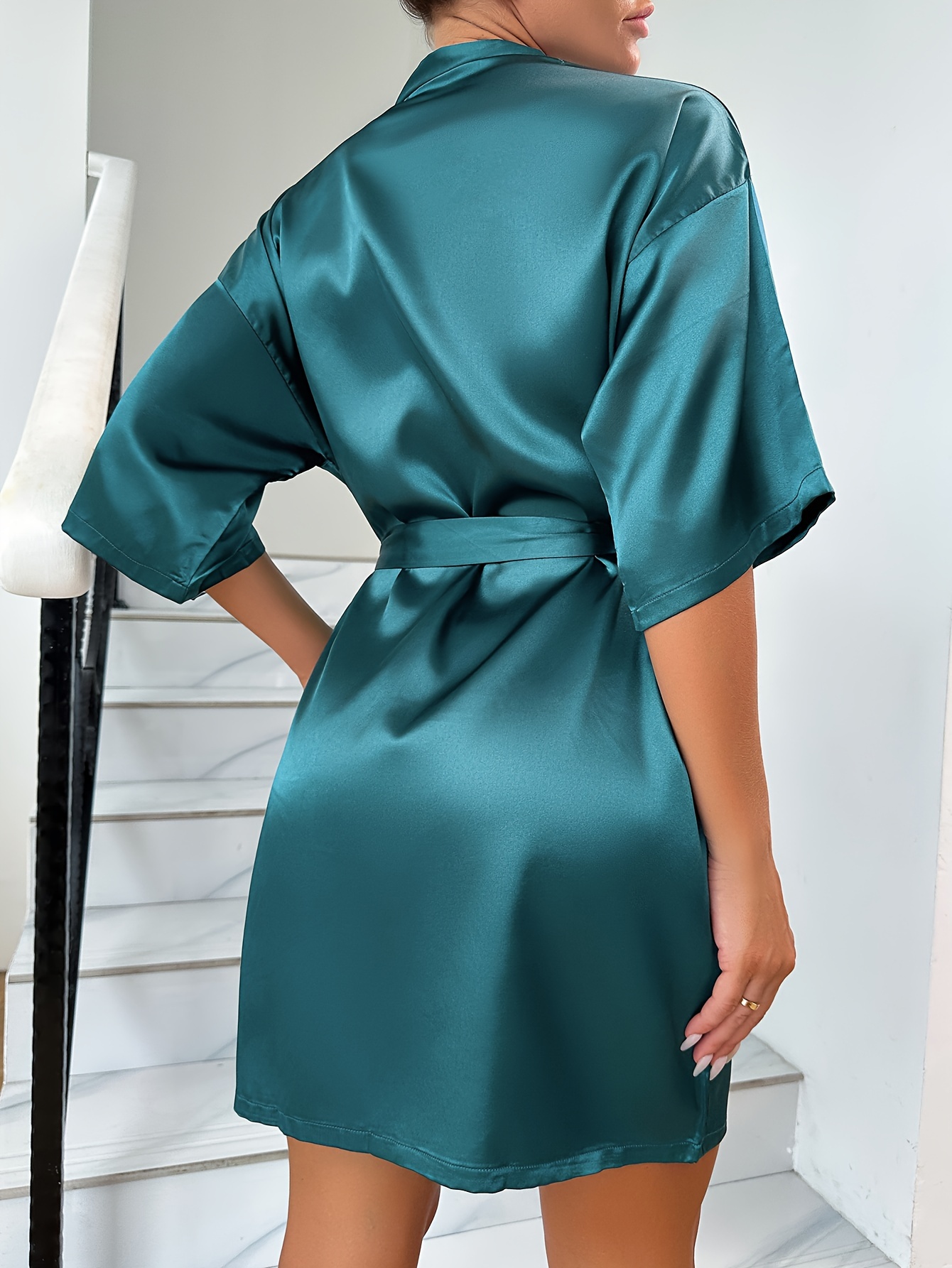 Satin Solid Short Sleeve Night Robe for Women