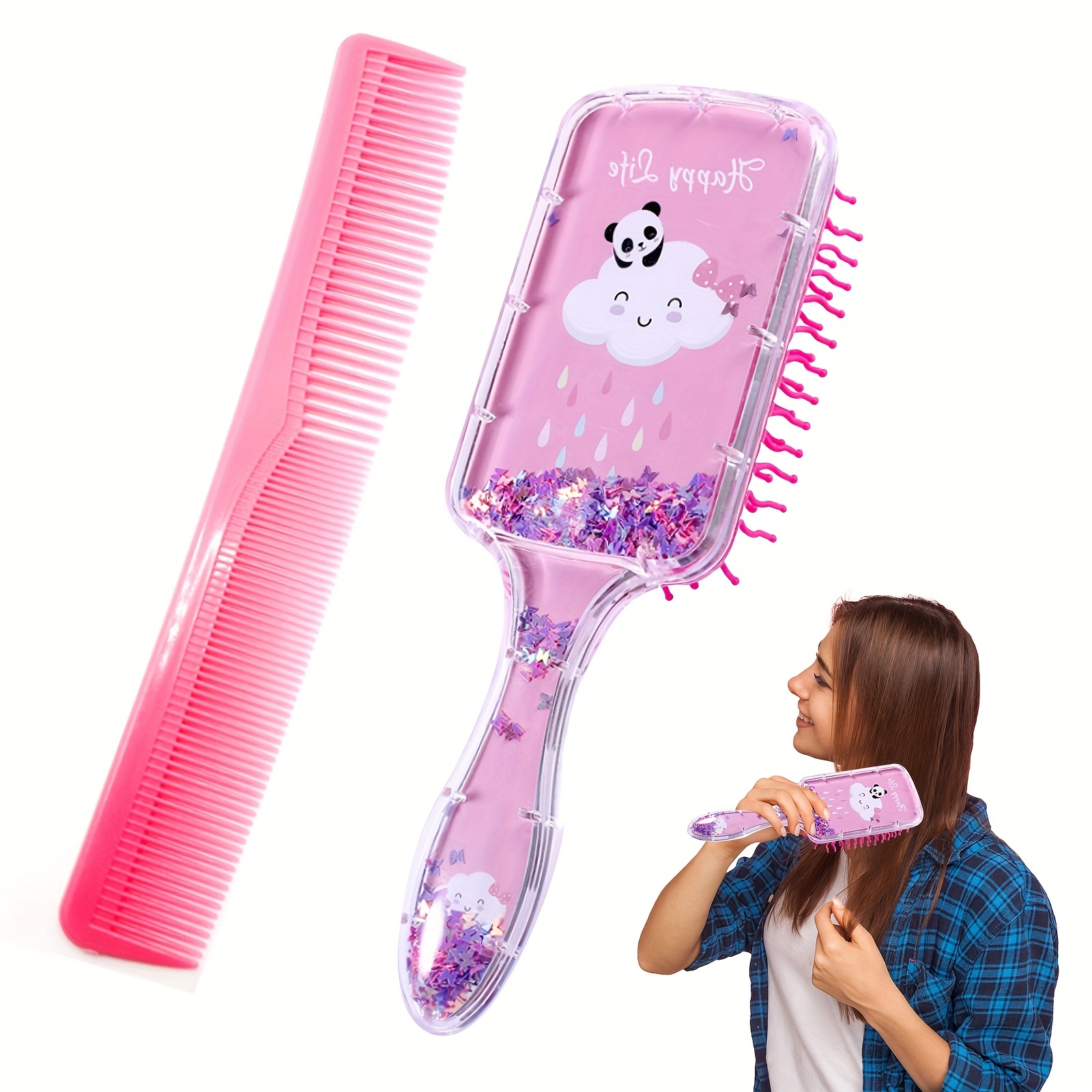 1pc Pink Cute Girly Printed Plastic Oval Hair Brush With Portable