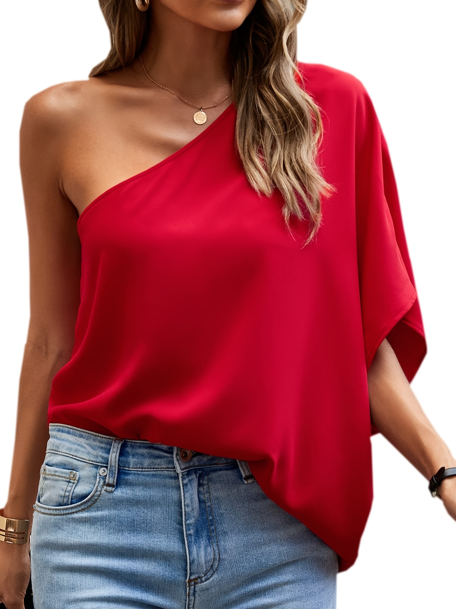 Solid Color One-Shoulder Top, Elegant Batwing Sleeve Top, Women's Clothing