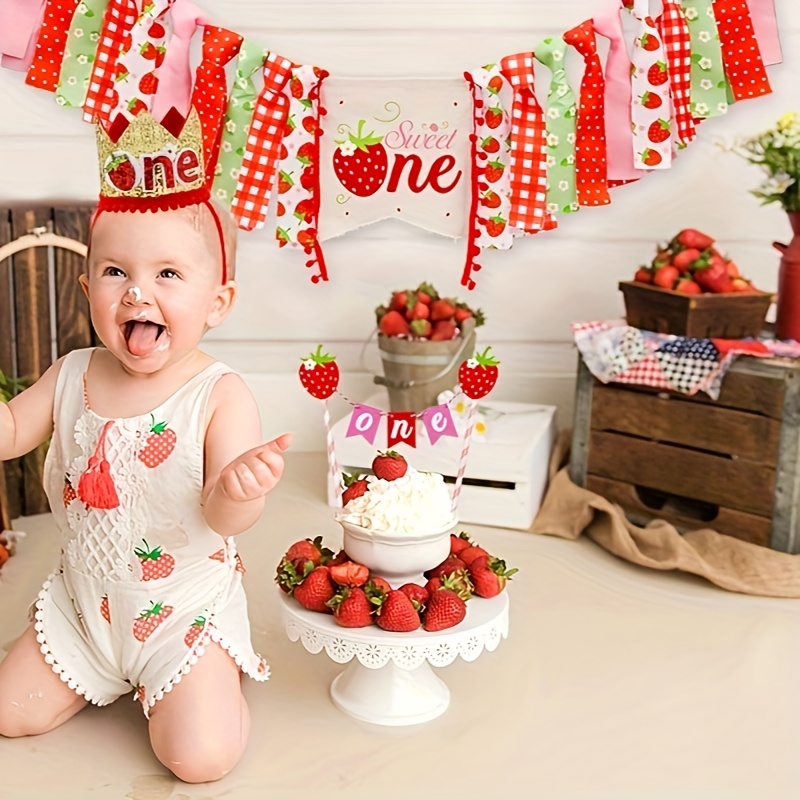 Strawberry First Birthday Party Decoration kit,Strawberry 1st Birthday  Highchair Banner,Sweet One Cake Topper and Strawberry Bow Hairband for
