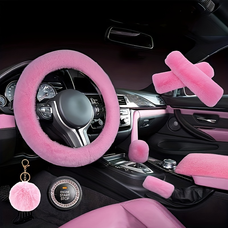 

8-piece Set Combination Pink Goddess Plush Car Steering Wheel Cover Rex Rabbit Fur Fluffy Steering Wheel Cover