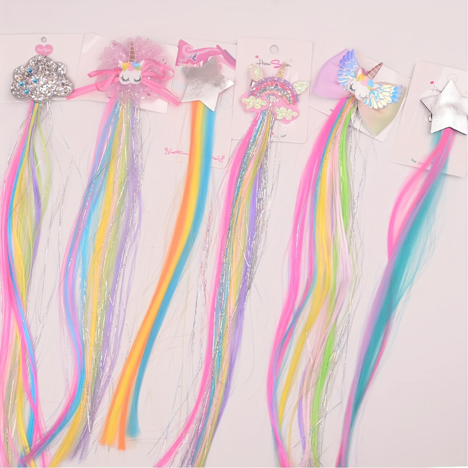  Little World 6 pinzas para el cabello para niñas, extensiones  de cabello arcoíris para niños, accesorios de pinzas de pelo de niña de  colores, pinzas de pelo de unicornio para niñas