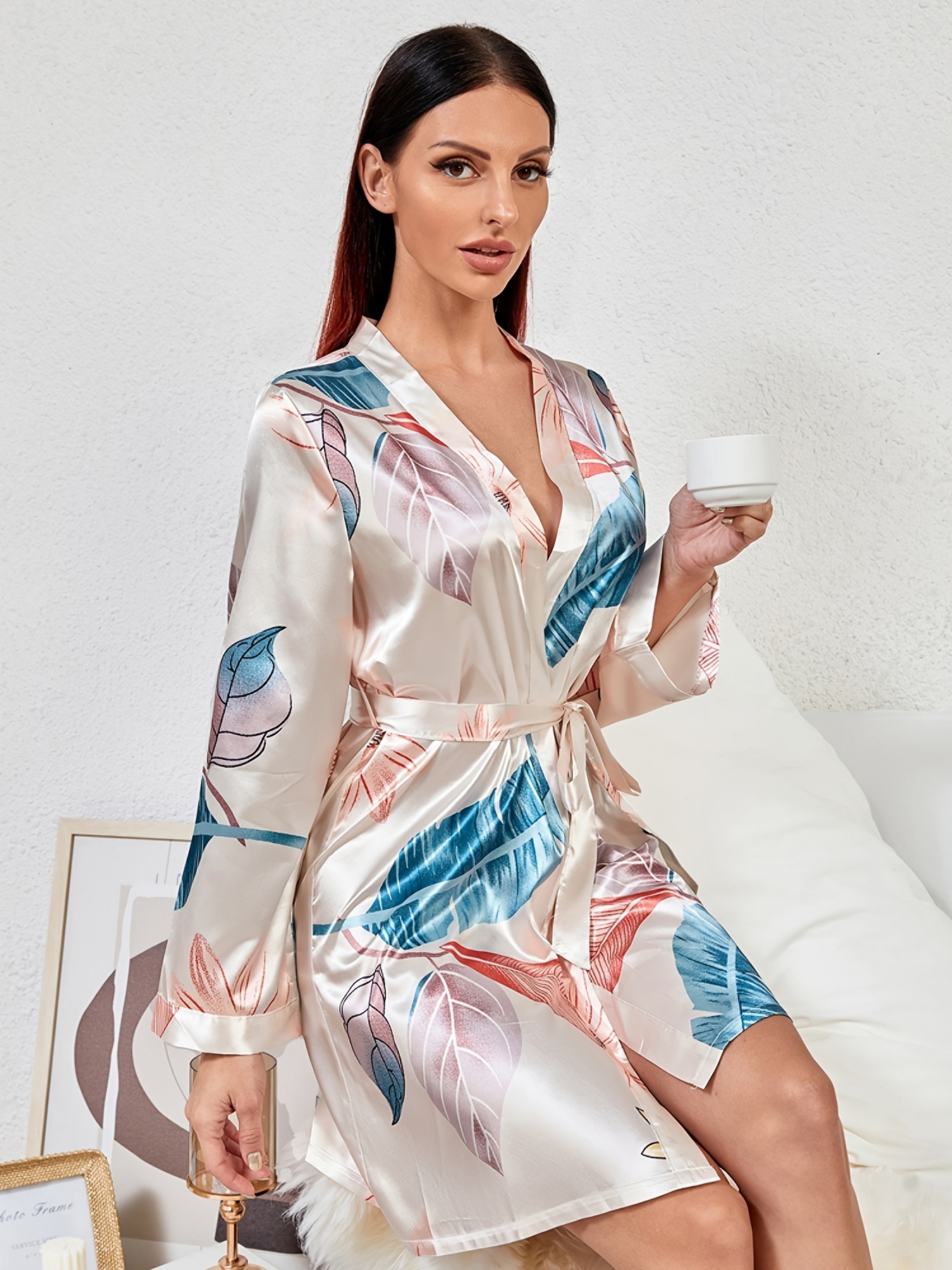 Elegant & Soft Floral Pattern Silk Satin Long Sleeve Belted Long Line