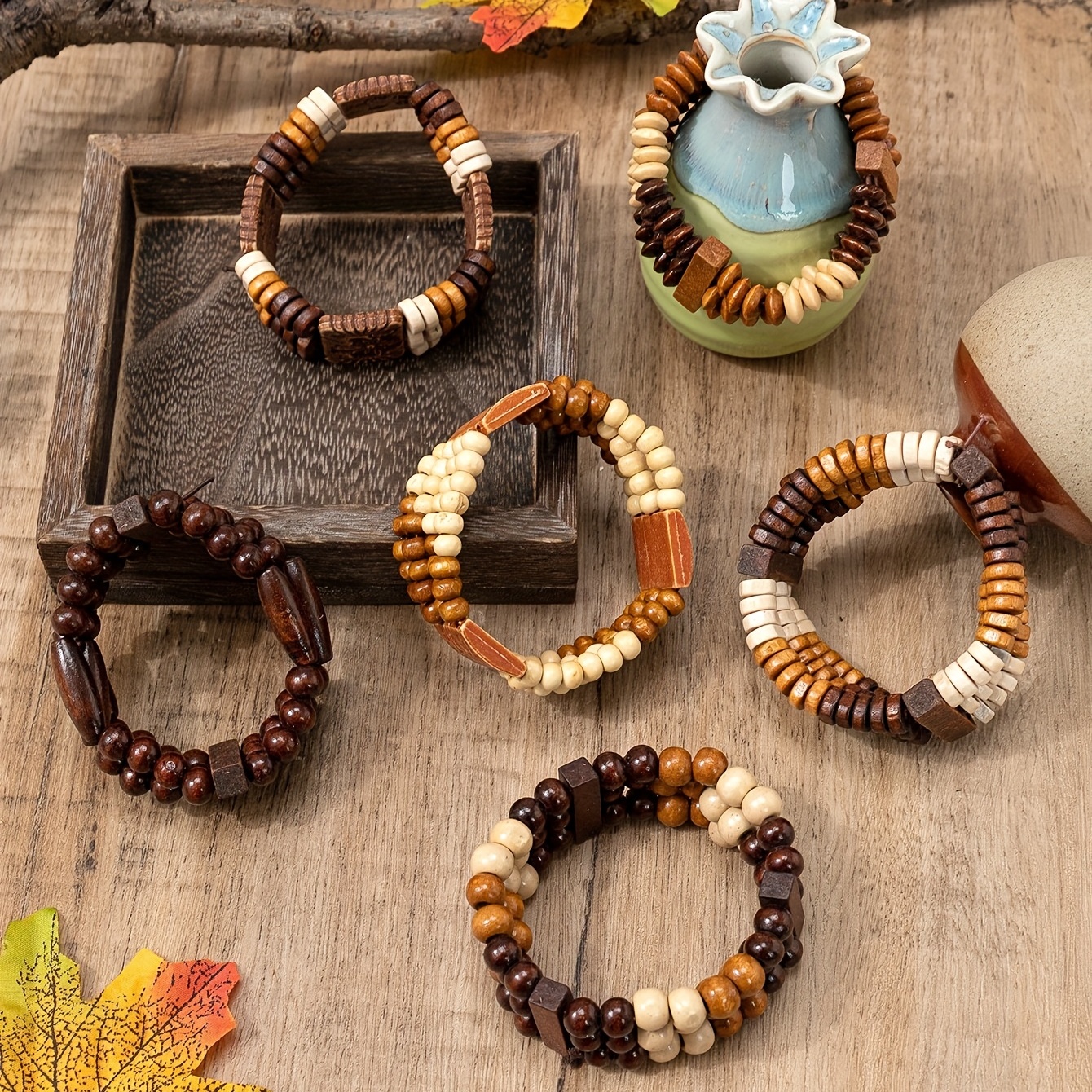 

6pcs Multi Layers Beaded Bangle Bracelet Set With Wooden Beads Boho Style Handmade Hand Jewelry