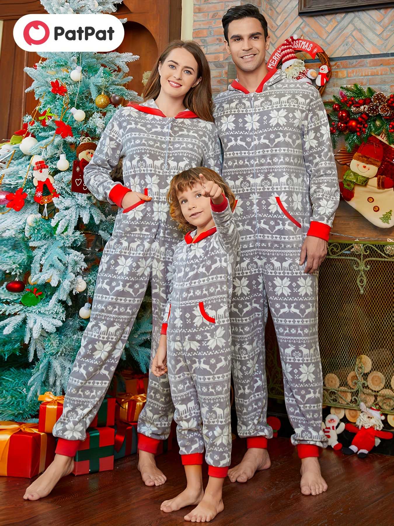 PatPat Christmas Family Matching Pajamas Set Buffalo Plaid Hooded Jumpsuit  Sleepwear Long Sleeve Thickened Polar Fleece Zipper Onesies Pajamas with