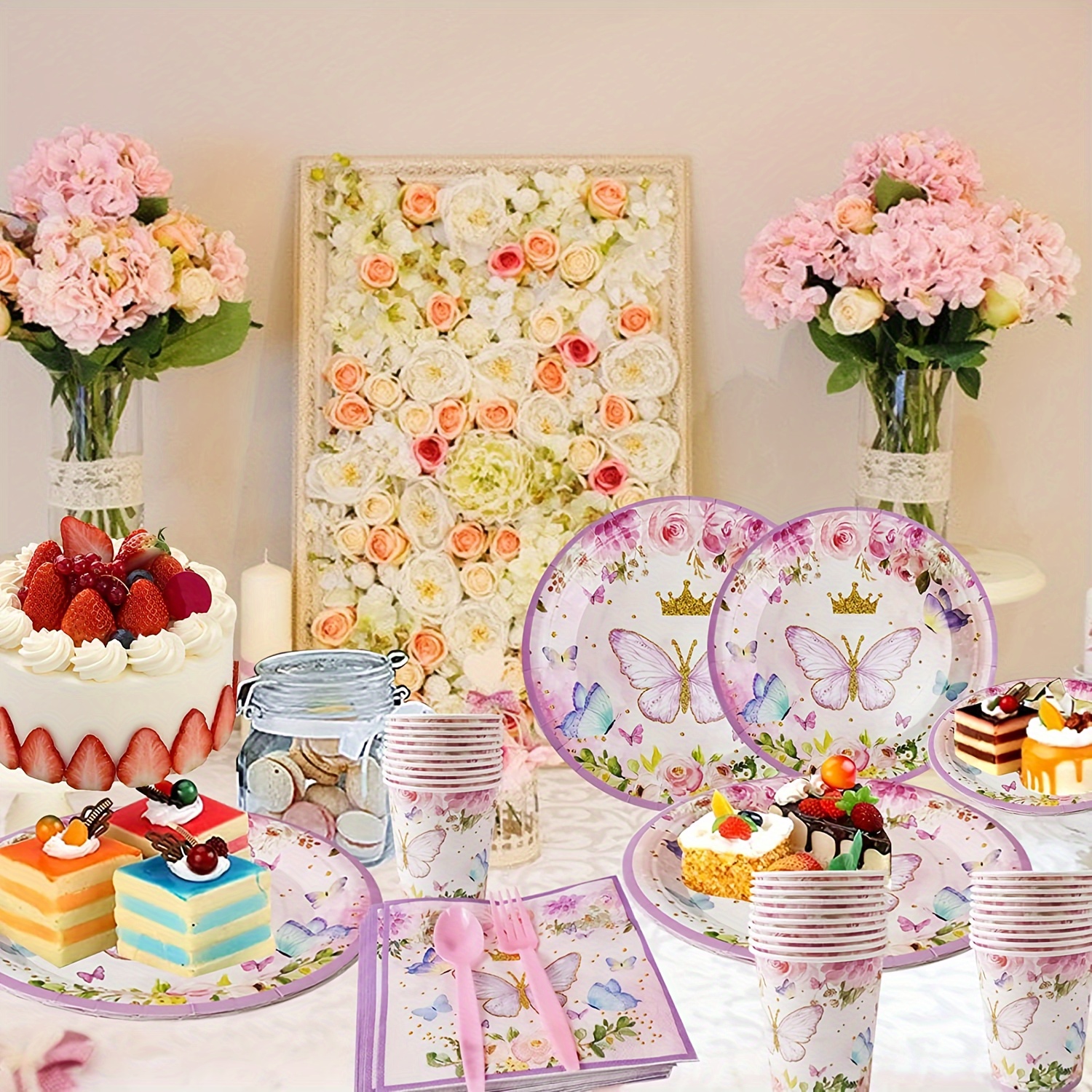 141Pcs Floral Party Supplies Set - Plates, Cups, Napkins, Cutlery For 20 Guests, Wedding & Birthday Decor-705436