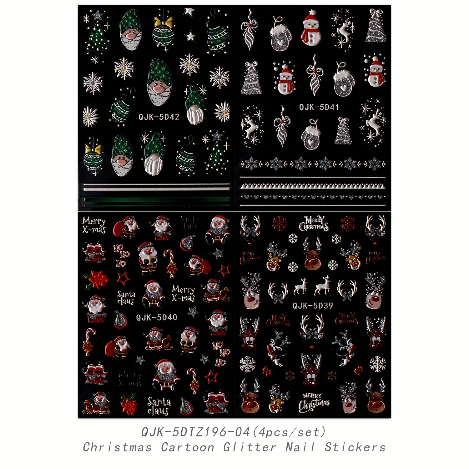 Image of 4 Sheets Of 5d Embossed Glitter Nail Stickers Featuring Self-adhesive Designs, Perfect For Winter Christmas Party Nail Decorations For Women And