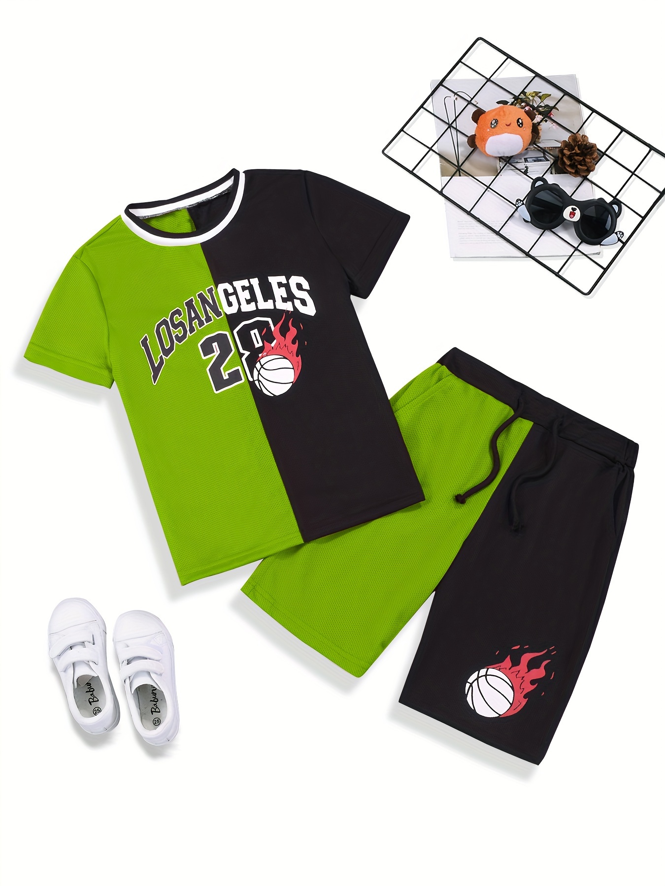 Boys Color Block Basketball Suit Outfit T-shirt & Shorts Short