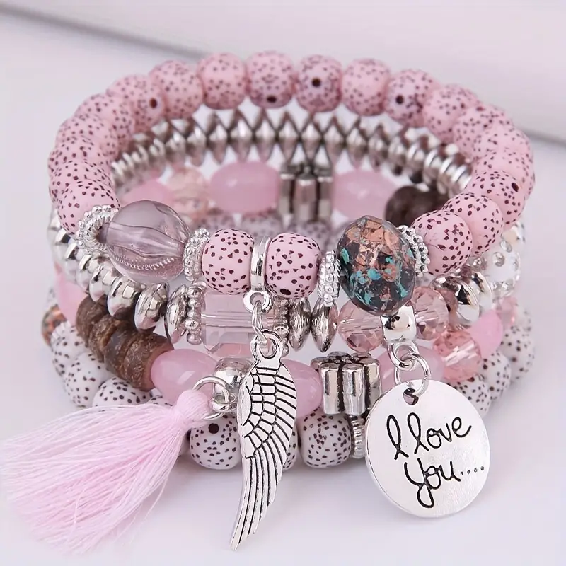 4pcs set disc love wings tassel volcano stone beads bracelet pink multicolor beads retro bohemian holiday gift for girls details 1