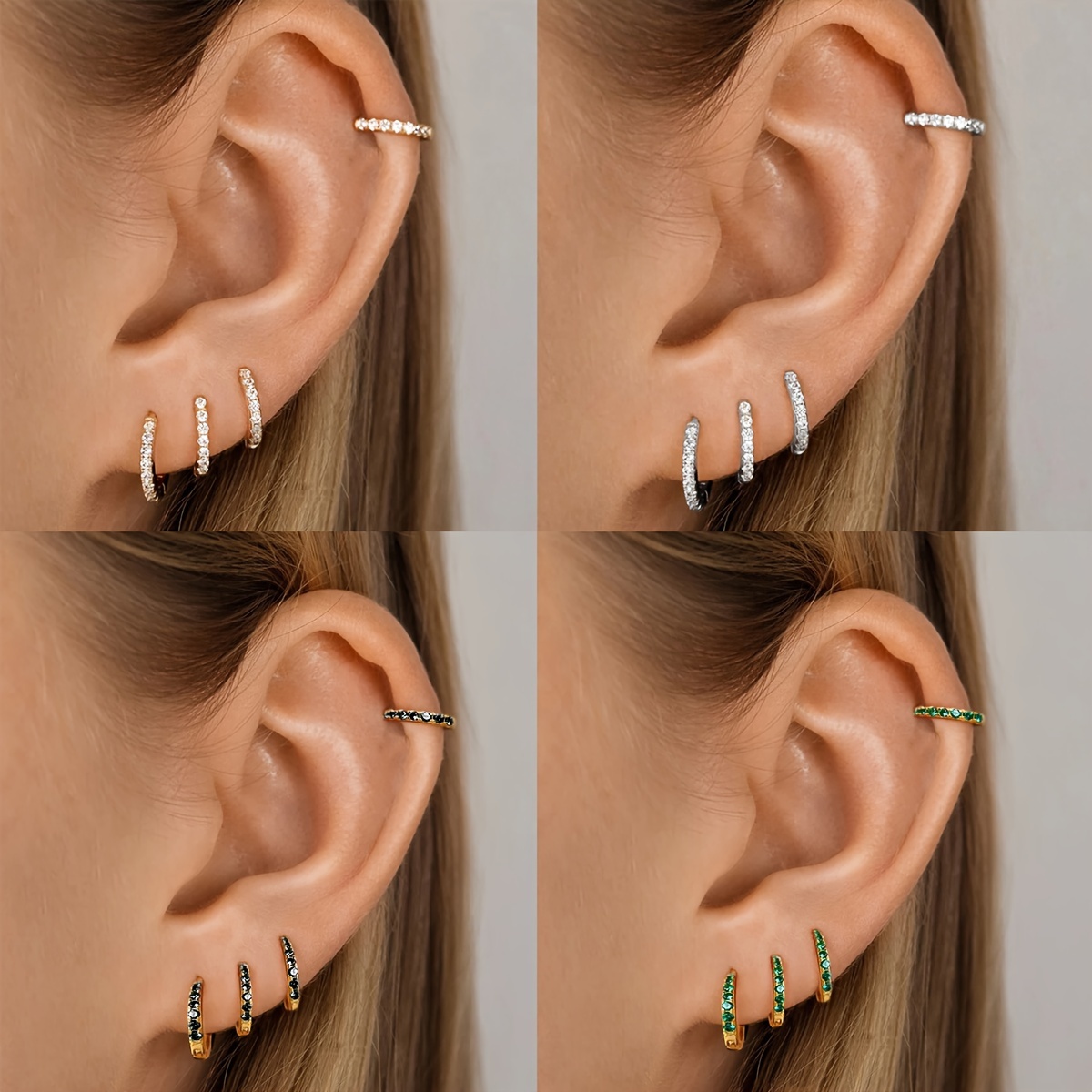 

4 Pairs Set Of Tiny Hoop Earrings Copper Jewelry Embellished With Shiny Rhinestones Elegant Leisure Style Trendy Female Gift