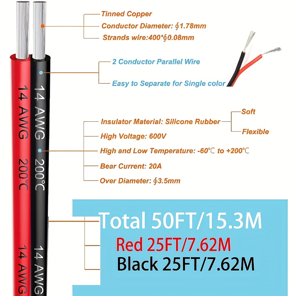 Cable eléctrico de silicona de 14 AWG, 2 conductores, línea de alambre  paralelo, 50 pies [negro