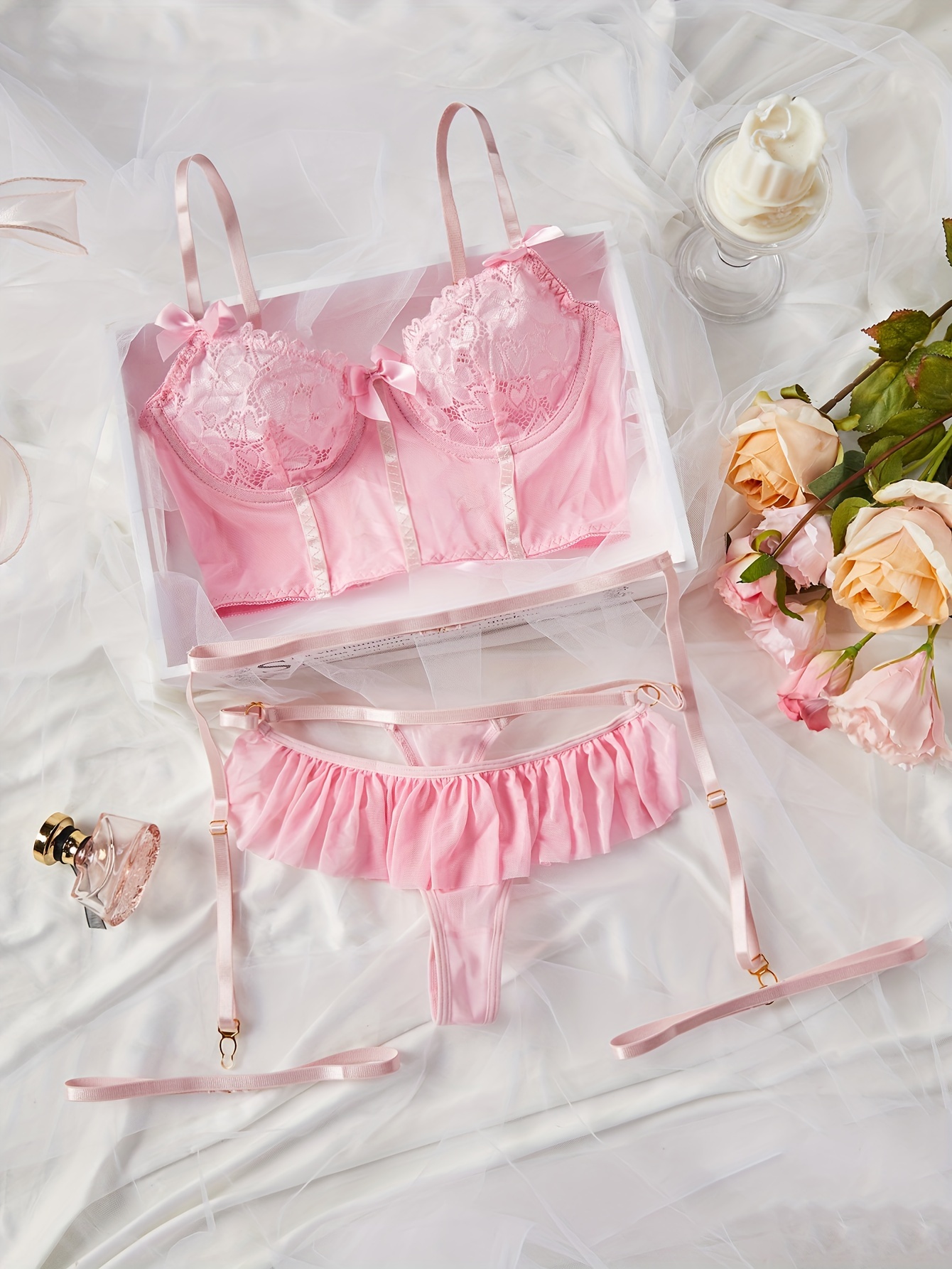Floral Lace Lingerie Set Intimates Bra Garter Belt Panties - Temu