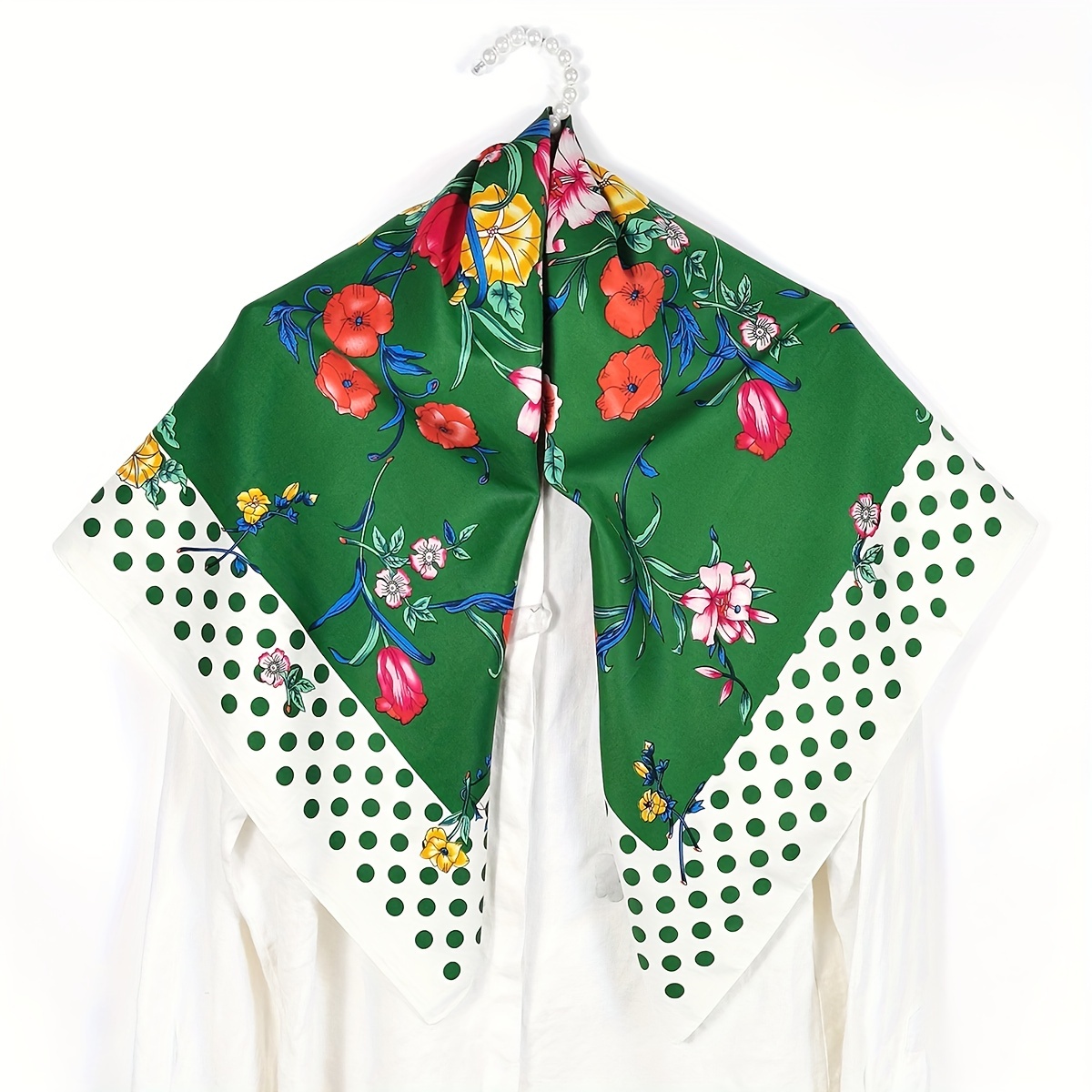 Polka Dot Flower Print Shawl Boho Twill Silk Square Scarf Vintage Neckerchief