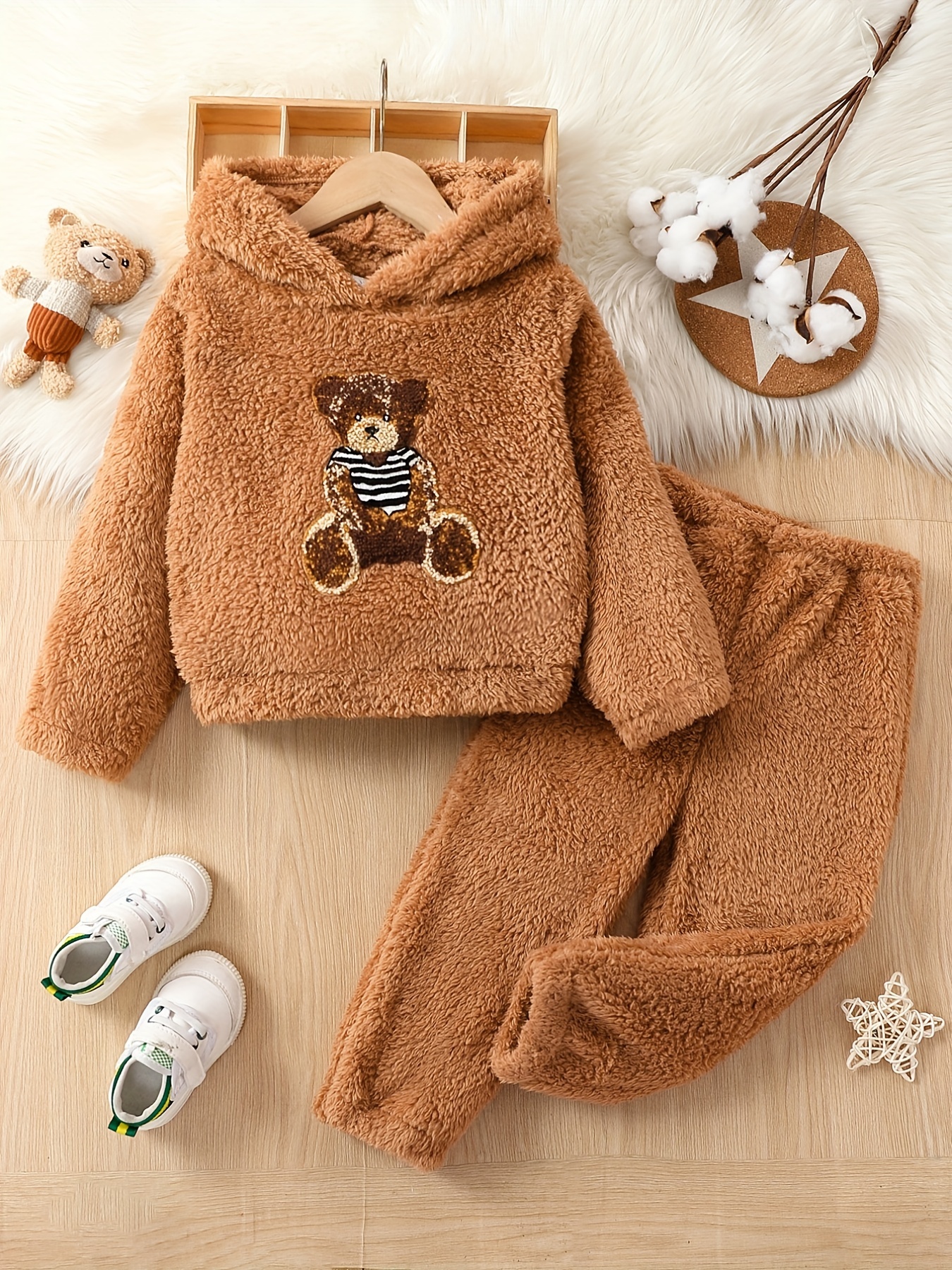 Conjunto De 2 Piezas Con Capucha Y Estampado De Oso Para Niño, Conjunto De  Pantalones Y Sudadera Con Capucha De Forro Polar Borroso, Ropa Para Niños P