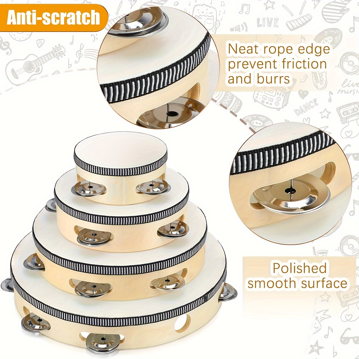 1pc White Birch Wood Handheld Tambourine, Single Row Metal Jingles, Percussion Musical Instrument for Church, KTV, Party, Game - No Case Included