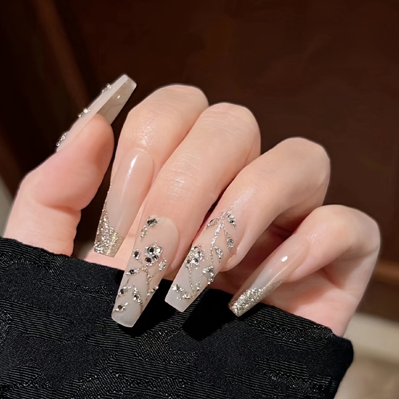 

Glossy Long Ballet Press On Nails, Nude Color Fake Nails With Rhinestone Flower Leaves Design, Glitter False Nails For Women Girls