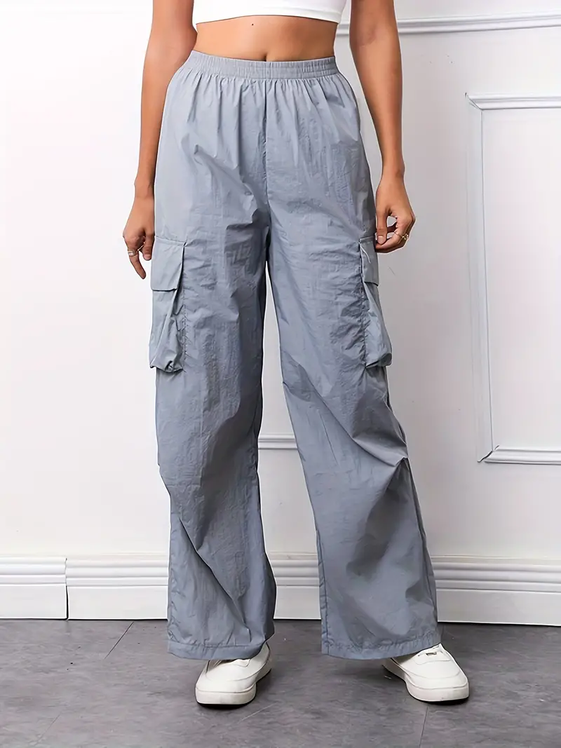 Solid Flap Pocket Loose Cargo Pants, Casual Elastic Waist Fashion Pants,  Women's Clothing
