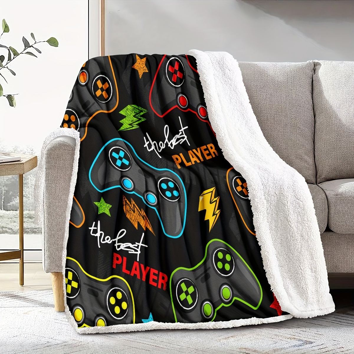 Sherpa Fleece Throw Blanket, Sherpa Gamepad Pattern Print Bed