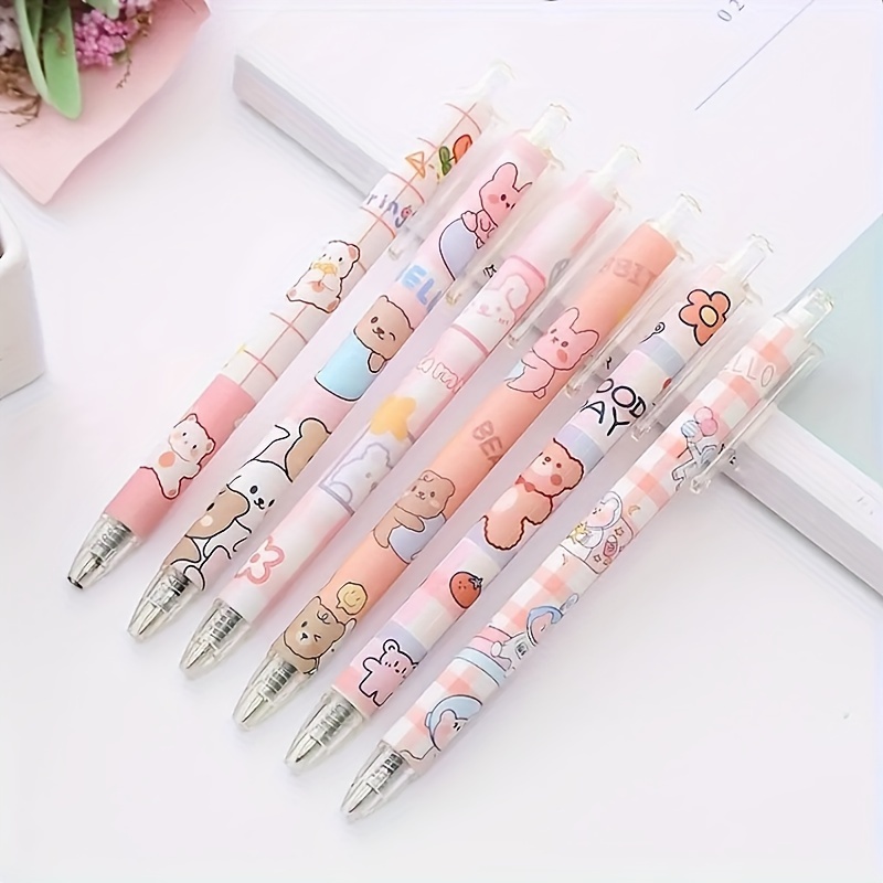 6pcs Cute Bear Ballpoint Pens, Press-to-use Cartoon Stationery, Student 0.5mm Head High Aesthetic Cute