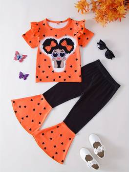 heart shaped all short sleeved top with girl pattern color flared pants for outdoor