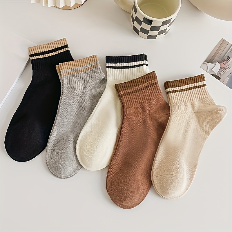 

5pairs Striped Comfy Ankle Socks, Solid Color Sock, Women's Stockings & Hosiery