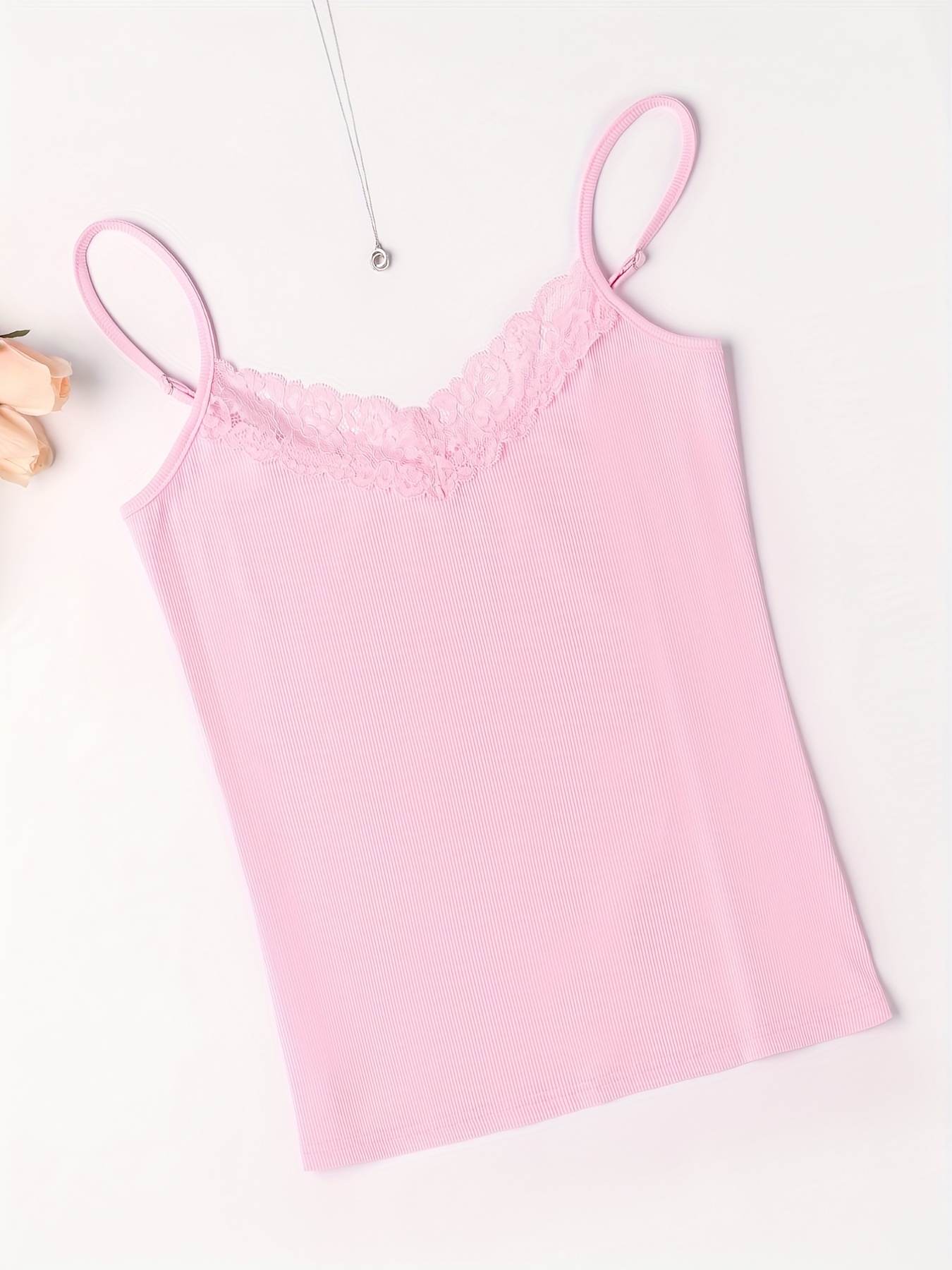 Dusty Pink Elegant Plain Contrast Lace Cami Women's Tank Tops Camis 
