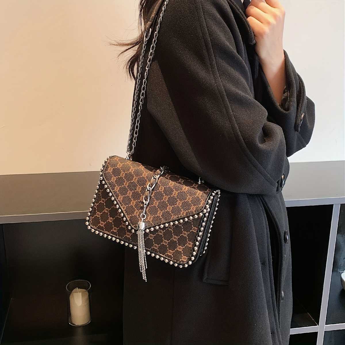 Mini Vintage Tassel Metal Chain Crossbody Bag, Pu Leather Textured Bag Purse,  Classic Versatile Fashion Shoulder Bag - Temu