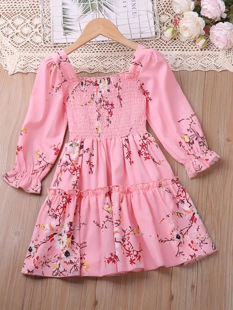 girls shirred flowers print long sleeve dress kids party holiday dress summer casual a line dresses details 0