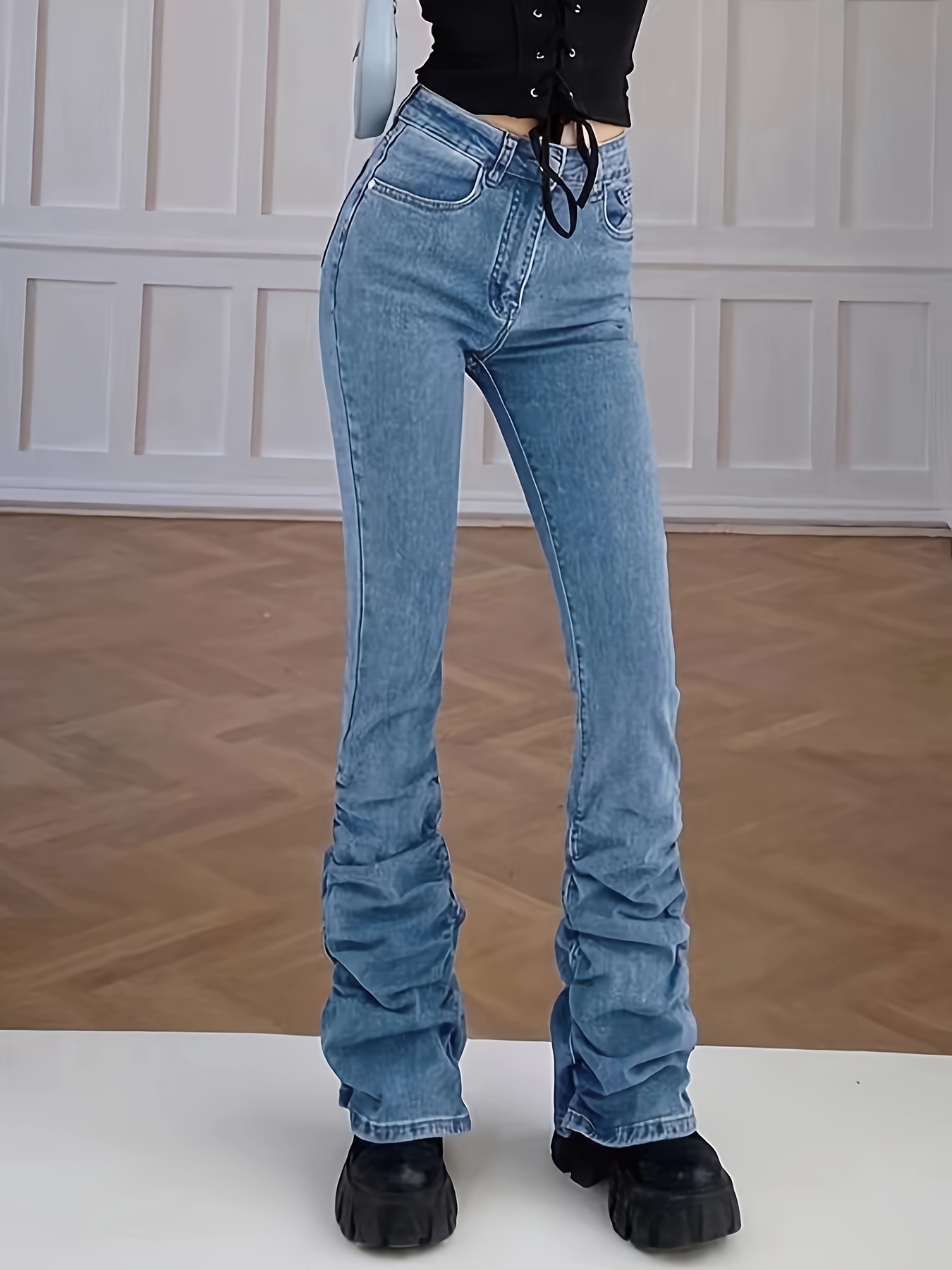 High Waist Chic Stacked Jeans Slant Pockets High Stretch - Temu Canada