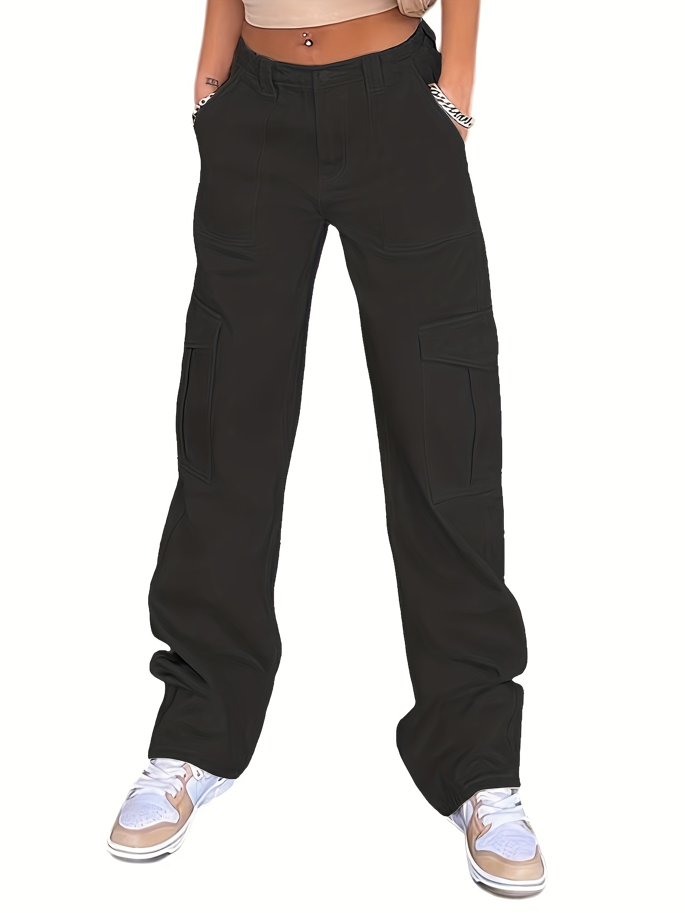 Black Flap Pocket Cargo Pants Non stretch Y2k Kpop Style - Temu