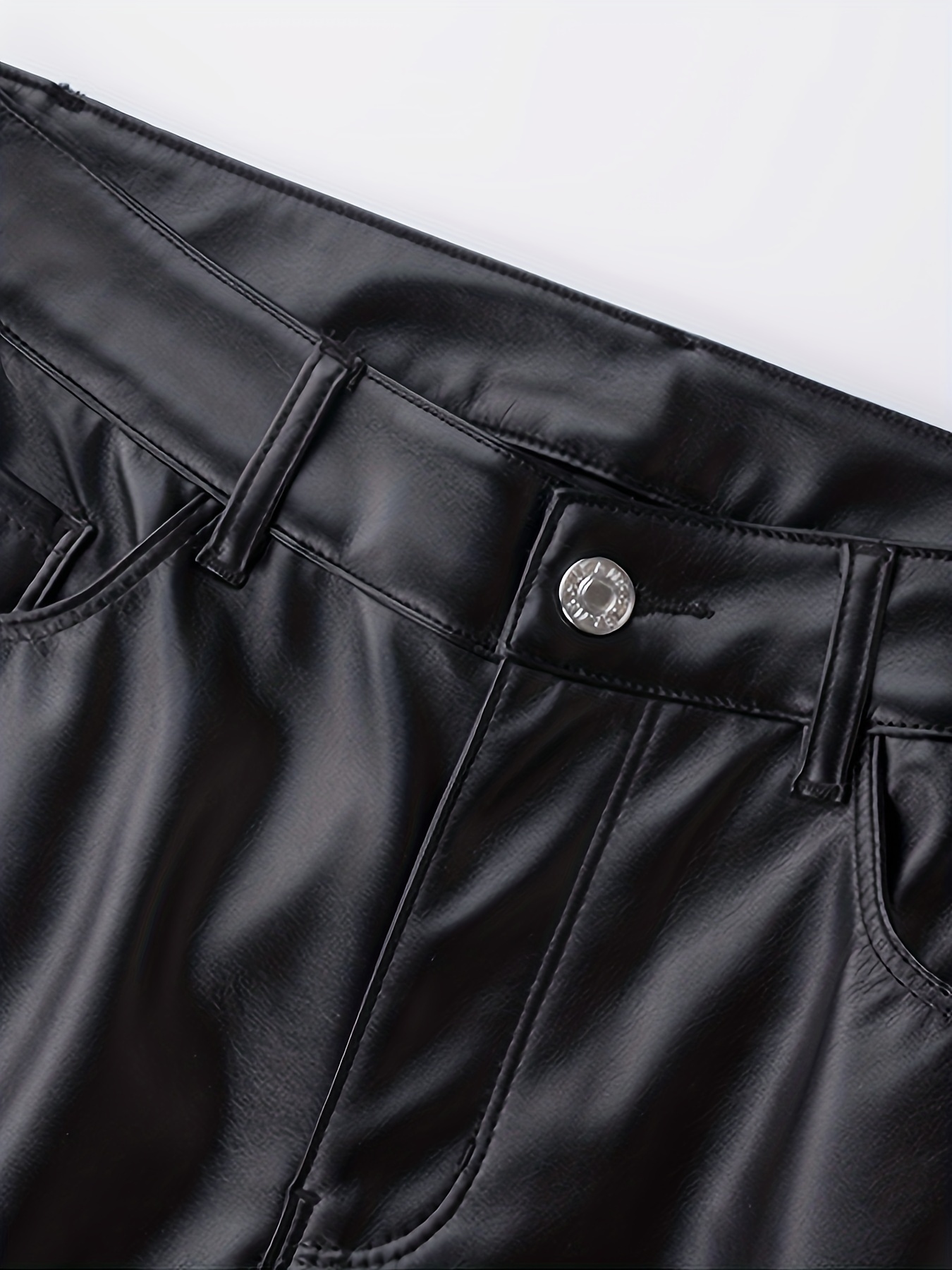 Faux Leather Straight Pants Casual Pu Pocket High Waist - Temu