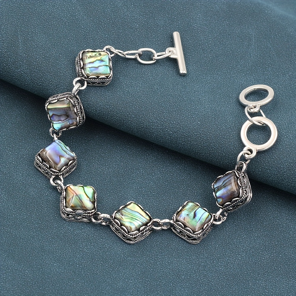 Colorful Vintage Style Oval Natural Abalone Shell Link Charm Bracelet Women's Jewelry Gift