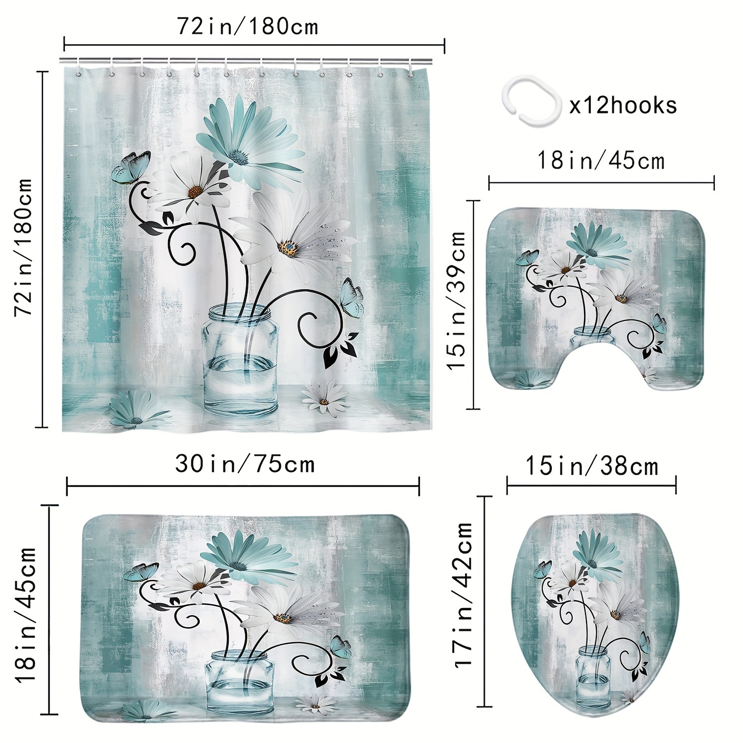 TEMU Ensemble de rideau de douche imprimé floral avec 12 crochets et tapis de bain antidérapant (3 pièces) - Rideau de douche moderne en polyester