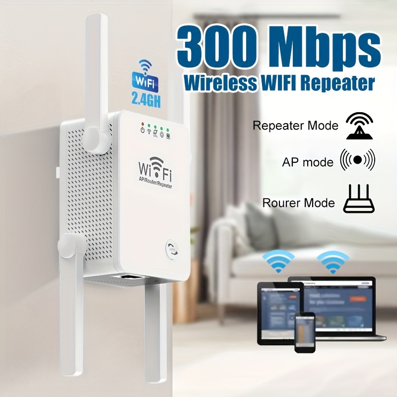 Répéteur WiFi Amplificateur Signal WiFi 300Mbps 2.4GHz Configuration WPS  avec Mode Répéteur/AP Couverture 360° avec Port Ethernet et Câble Réseau  RJ45