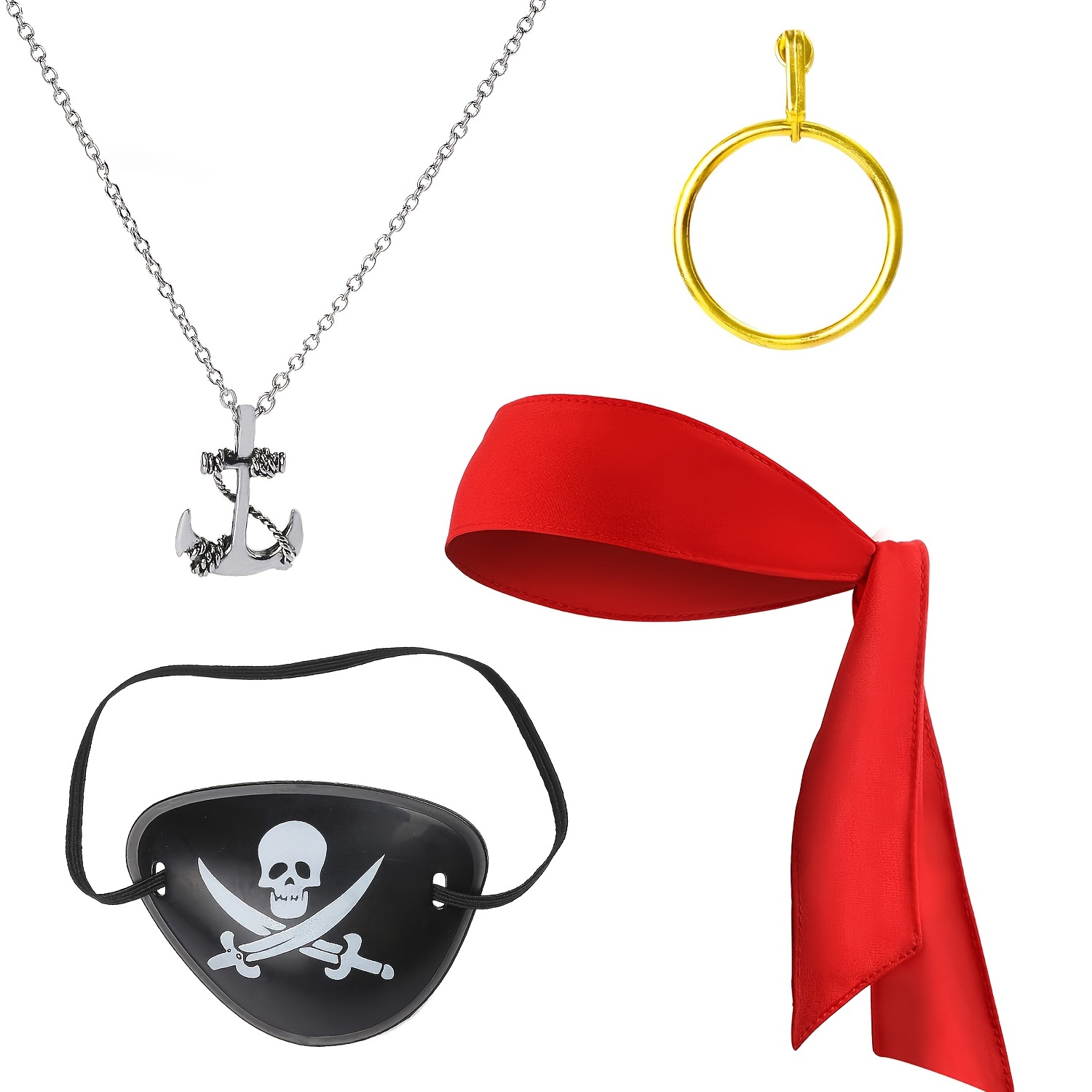 Conjunto de accesorios de disfraz de pirata, parche de ojo, corbata roja  para la cabeza, bandana, aretes, collar, banda de ojo negro, Halloween,  para