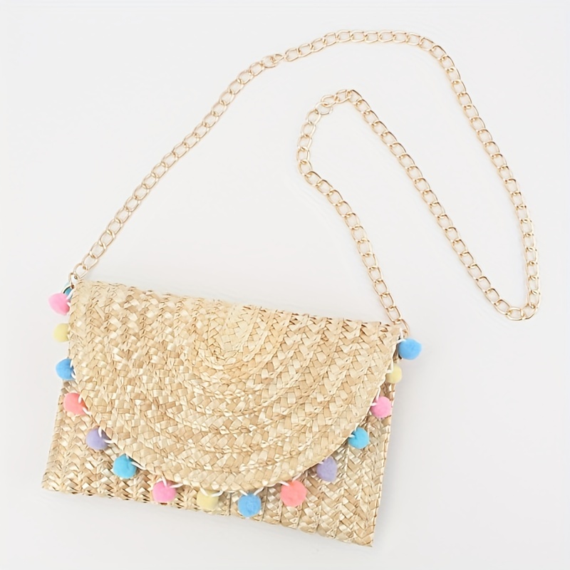 Khaki Sequin Cartoon Pattern Straw Clutch, Chain Crossbody