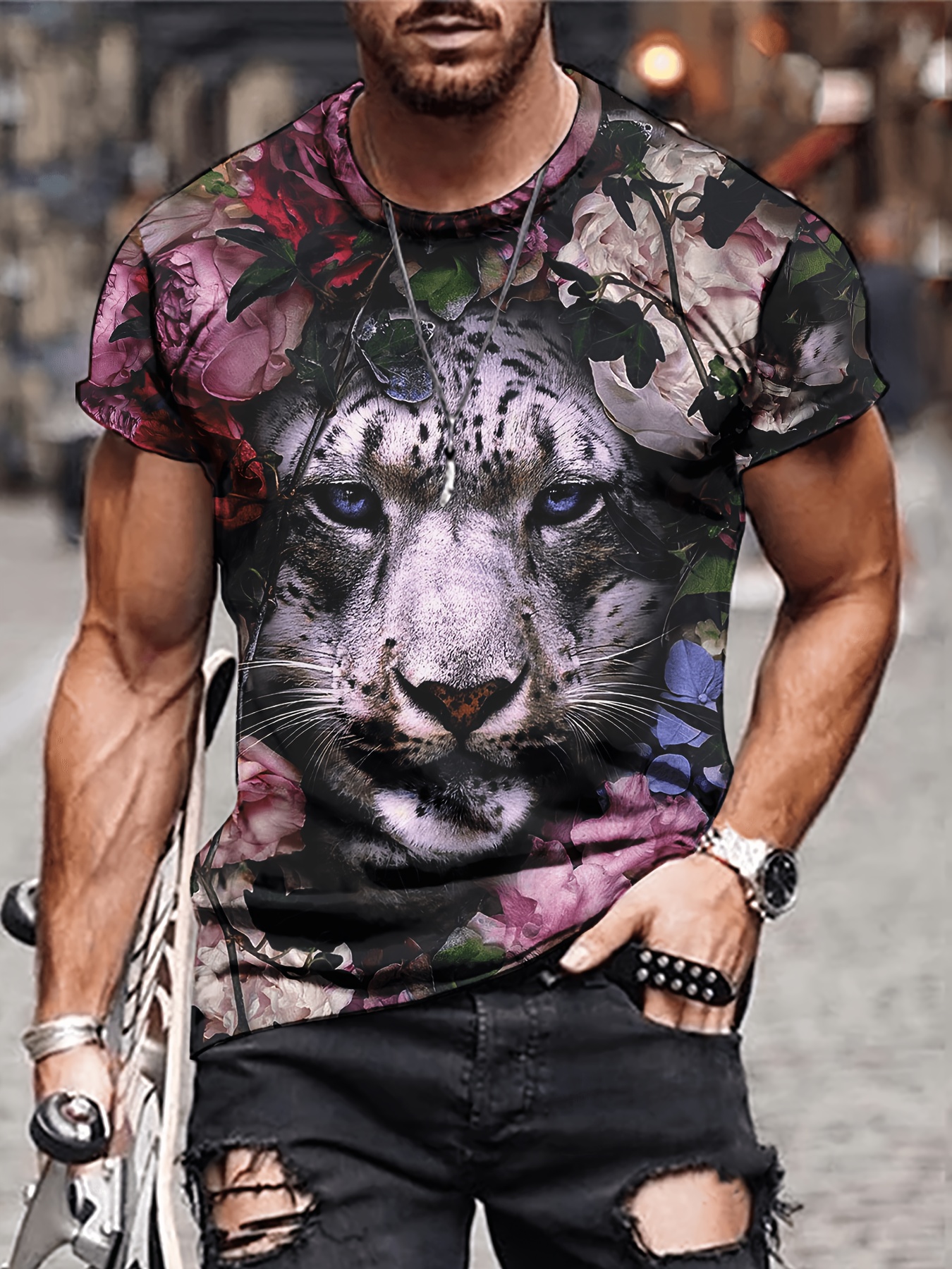 Lettre TIGER T shirt imprim fleuri pour hommes hauts