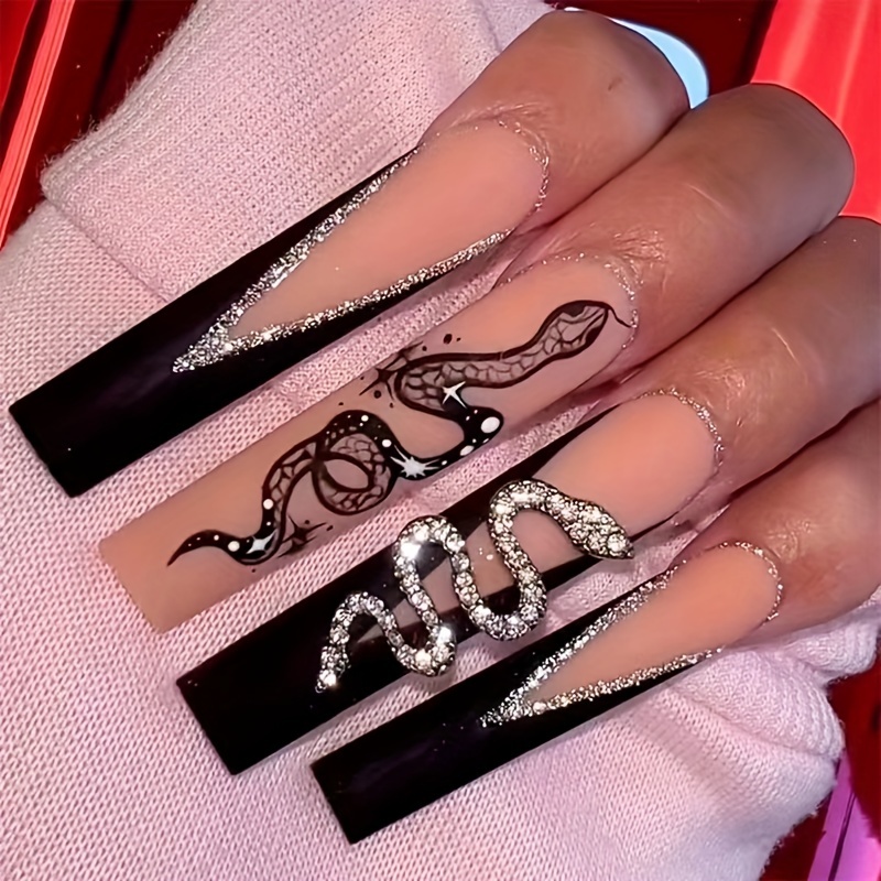 Glossy Coffin French False Nails With Black Tip And Heart Design - Medium  Length Fake Nails With Glitter - Full Cover Artificial Stick On Nails For  Women And Girls - Temu