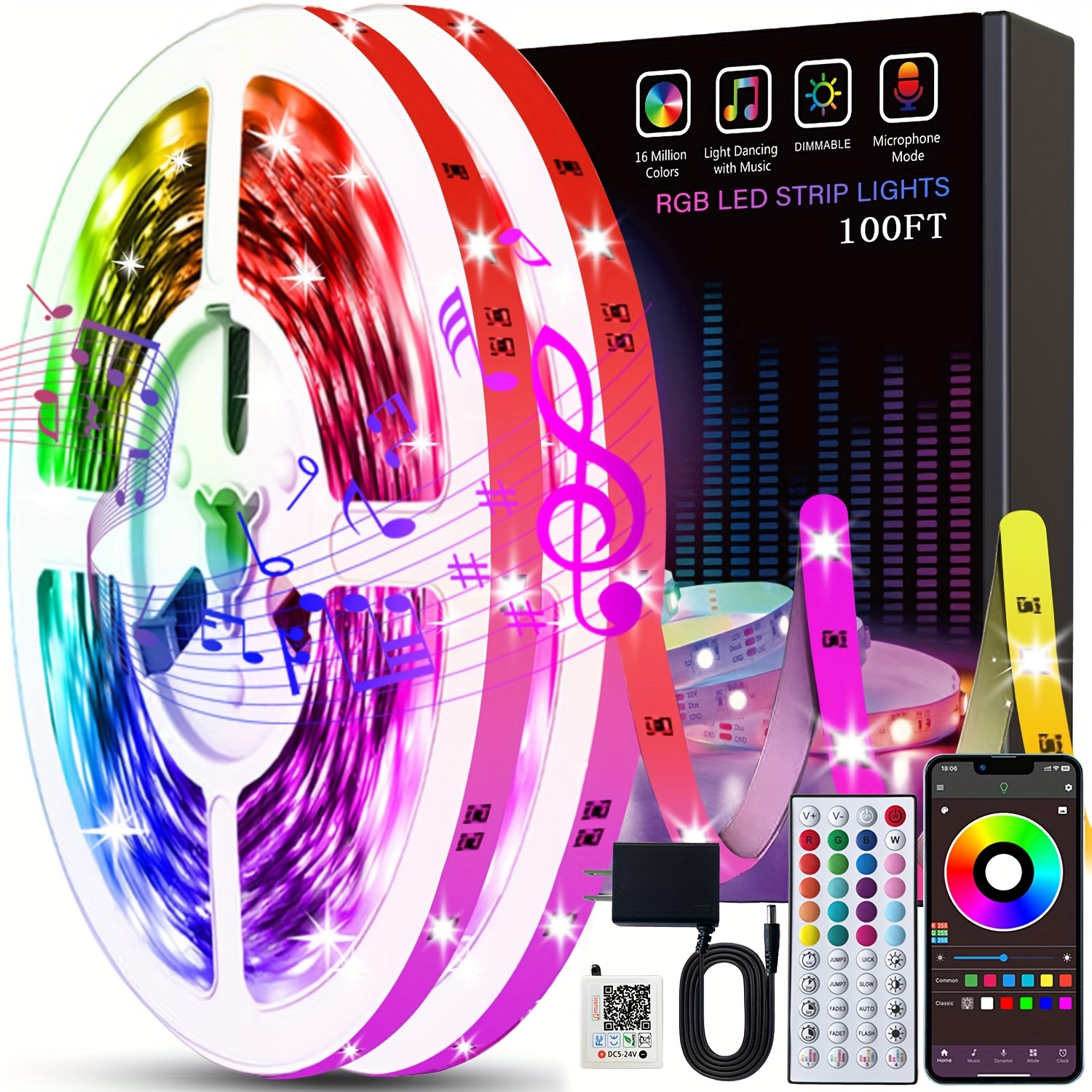 Micomlan 16ft/5M Led Strip Lights, Controller and Bluetooth APP Controlled  Lights for Bedroom Home Decoration，Music Sync Color Changing RGB LED Lights