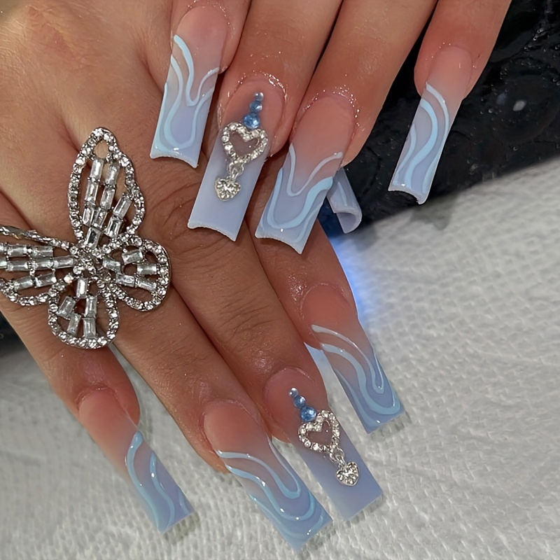 Glossy Blue Coffin Press On Nails With Rhinestones Long - Temu