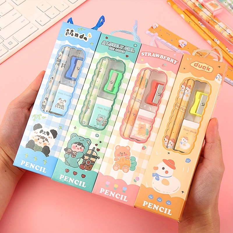 VEAREAR 5Pcs Pencil Set Animal Printing Smooth Writing 5-in-1 Student  Studying Eraser Stationery Kit School Supplies