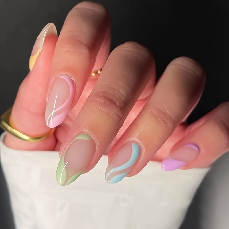 24Pcs Colorful Stripes Press On Nails Medium Length, Almond Shape Fake Nails Full Cover False Nails With Design Glossy Acrylic Nails French Tip Press On Nails Swirl Stick On Nails For Women And Girls, Jelly Glue And Nail File Included