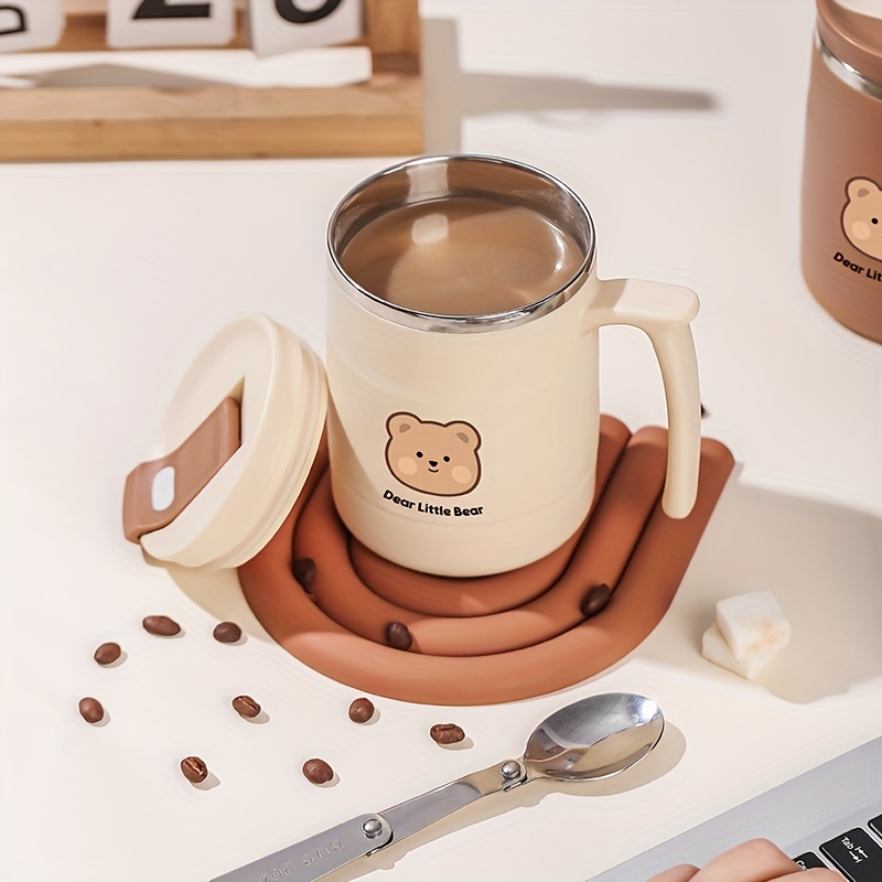 500ml Cute Thermo Water Bottle Stainless Steel Kawaii Insulated Mug For  Coffee Bubble Milk Tea Cup With Straw 3D Sticker Strap Beige 500ml