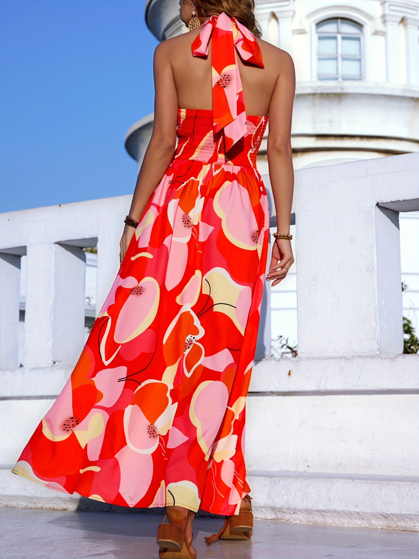 Floral Print Halter Maxi Dress Beach Vacation Casual Dress - Temu