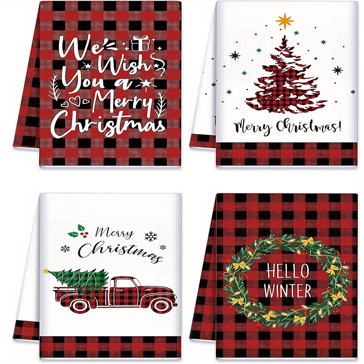 2pcs, Christmas Hand Towels, Black And White Plaid Christmas Tree Kitchen  Towel Dish Towels, Christmas Kitchen Decoration, Super Absorbent Dry Cloth T