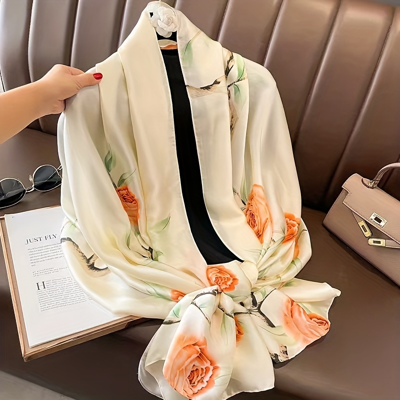 Leaf Print Satin Scarf Silk Shawl Women Head Wrap