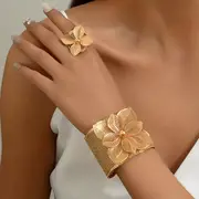 2pcs bangle plus ring vintage jewelry set trendy golden flower design 24k gold plated match daily outfits stunning party accessories details 1